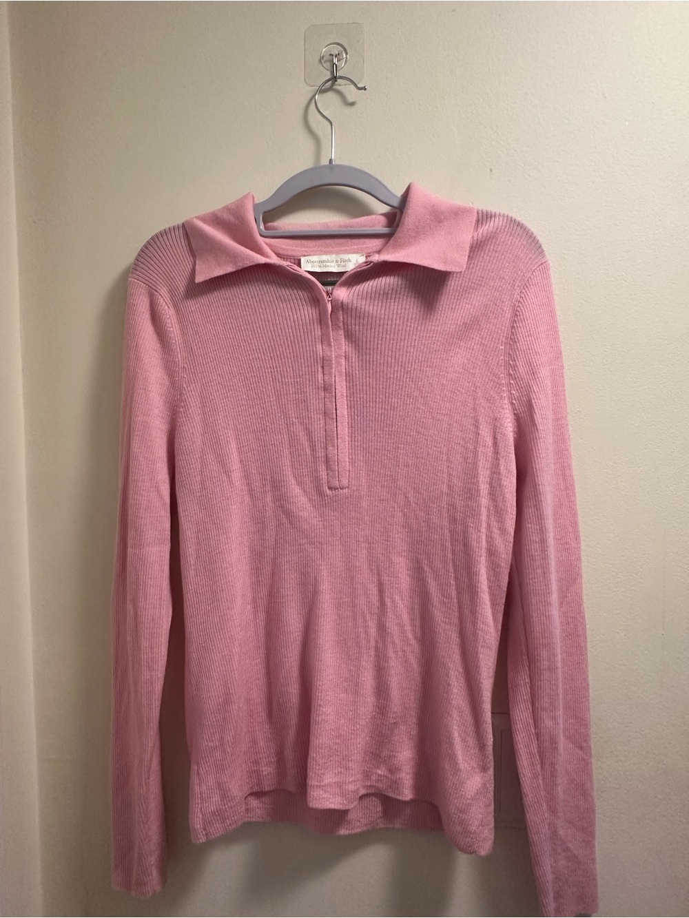 Abercrombie Soft Ribbed Pink Long-Sleeve Polo Top 100% merino wool